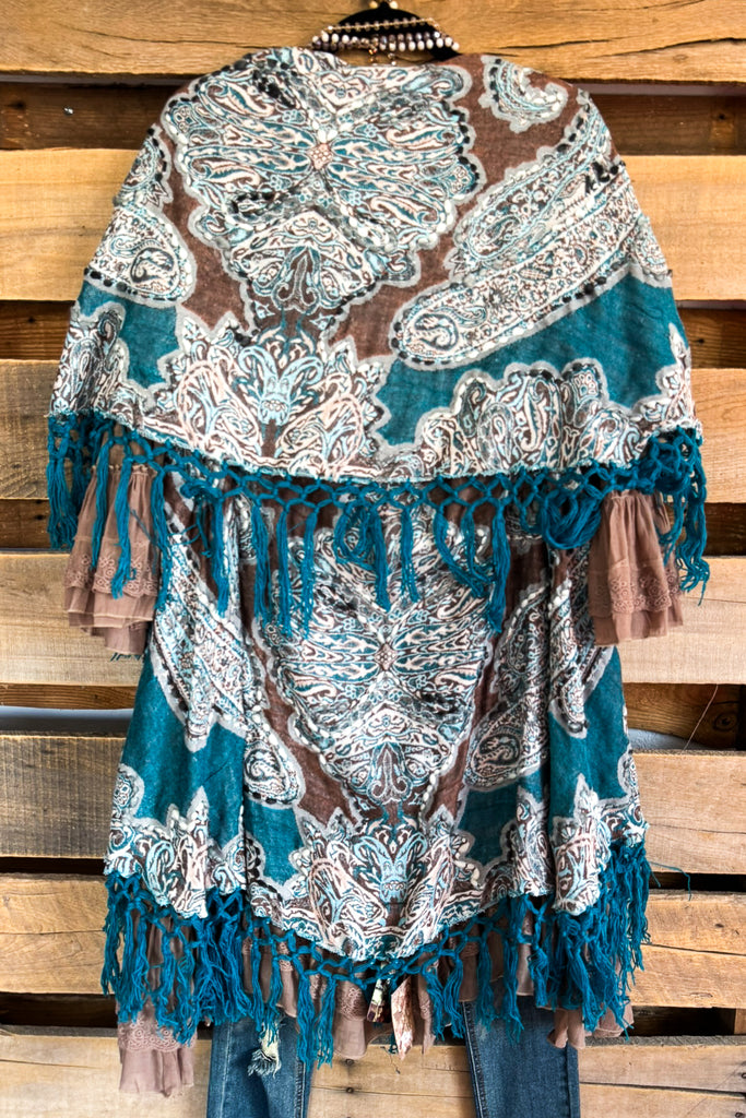 One Track Mind Embroidered Poncho Vest - Teal Blue