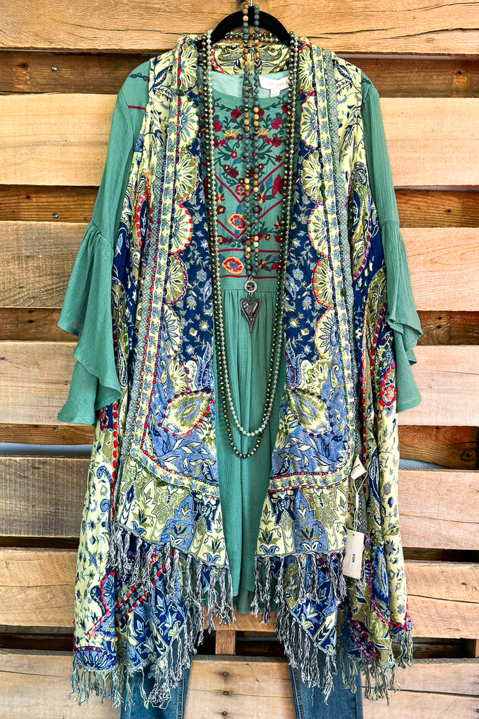 Something More Thick Stich Vest Kimono - Sage/Blue