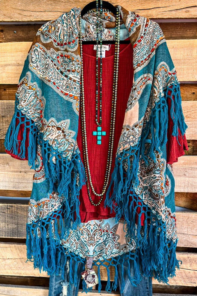 A Sight To See Embroidered Poncho Vest - Teal Multi