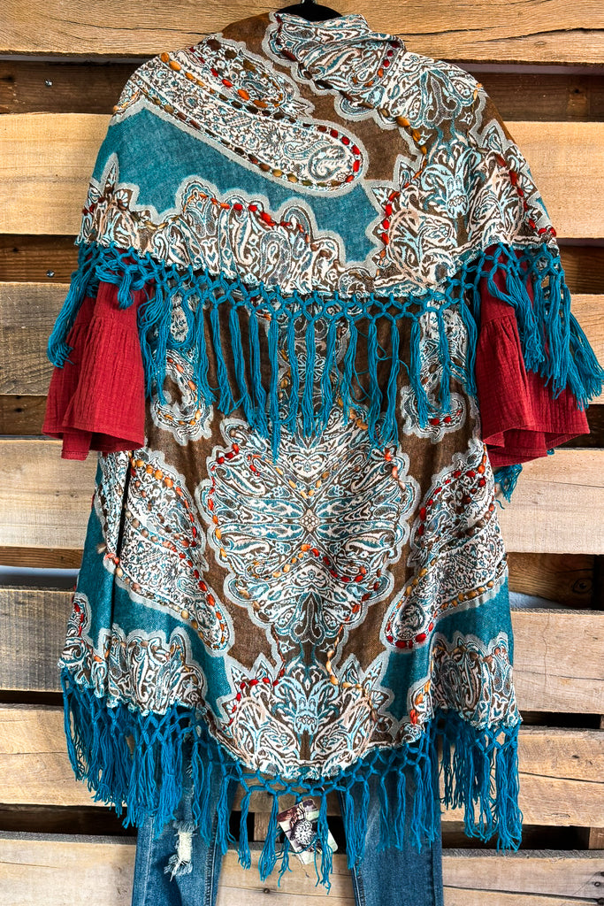 A Sight To See Embroidered Poncho Vest - Teal Multi