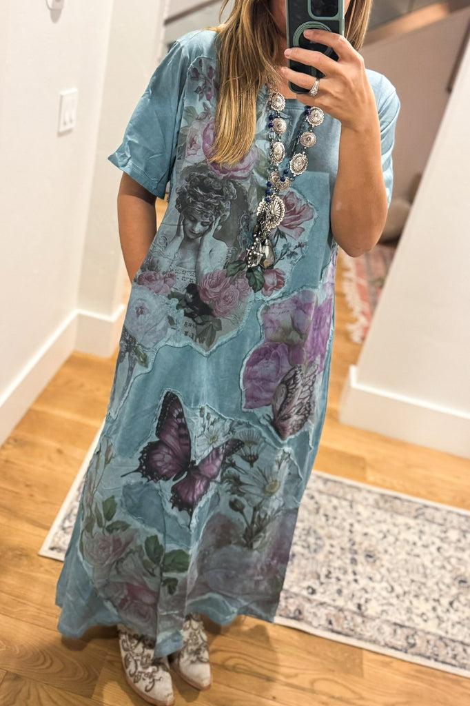 PRE ORDER - A RARE BIRD - The Painted Garden Heirloom Blue Maxi Dress - 100% Cotton