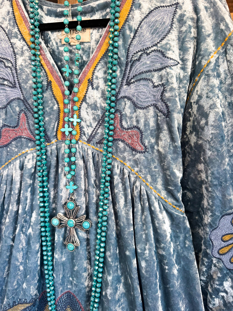 Peaceful Feelings Velvet Dress - Denim Blue