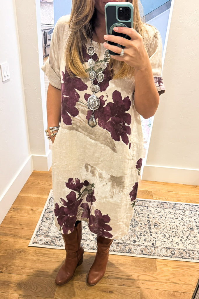 La Dolce Vita Floral Linen Midi Dress – Made in Italy - 100% Linen