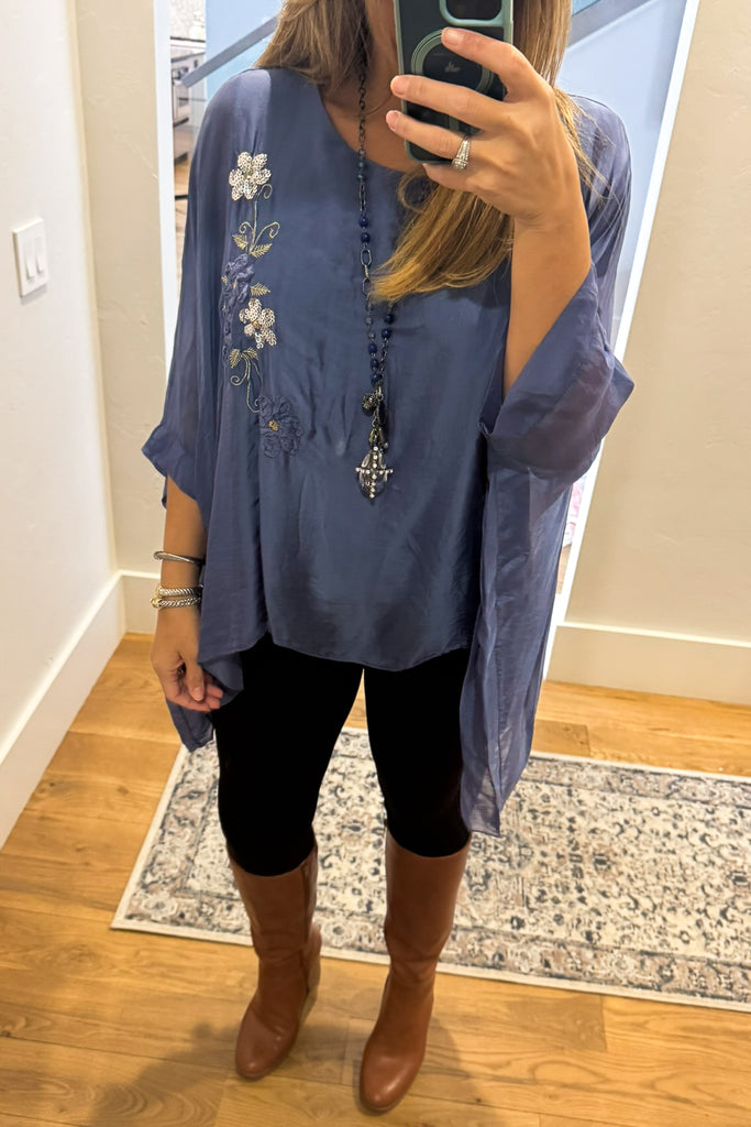 Embroidered Italian Silk Top with Sequin Detail - Blue