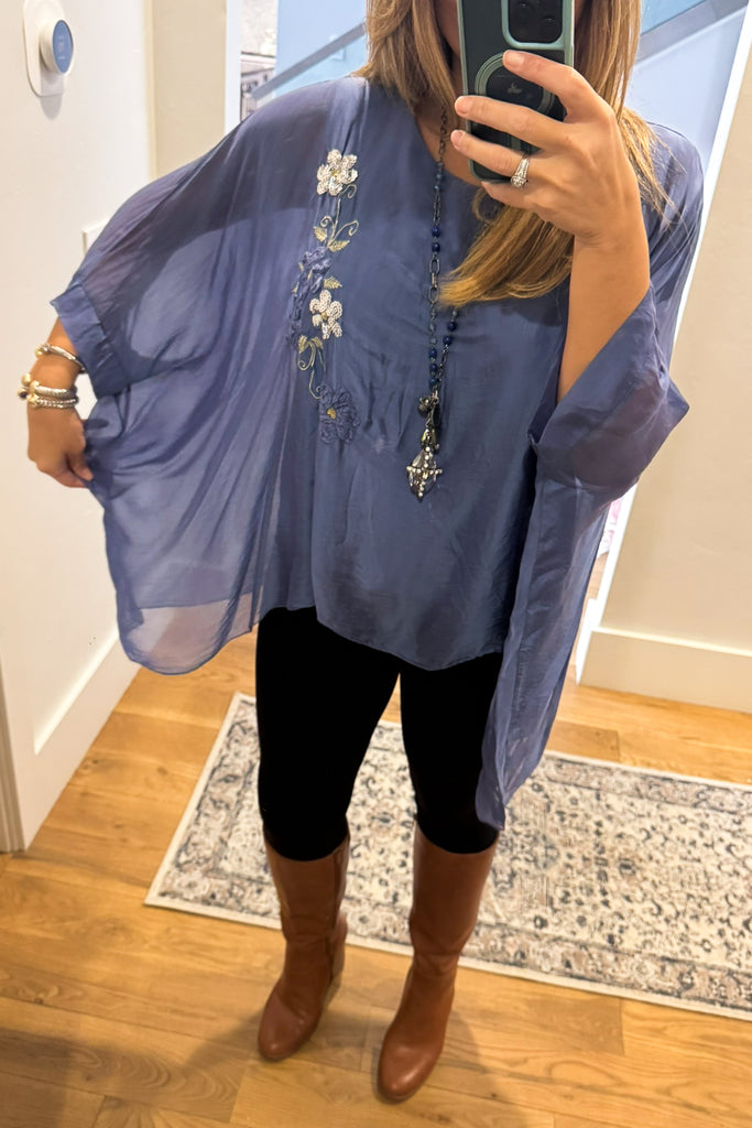 Embroidered Italian Silk Top with Sequin Detail - Blue