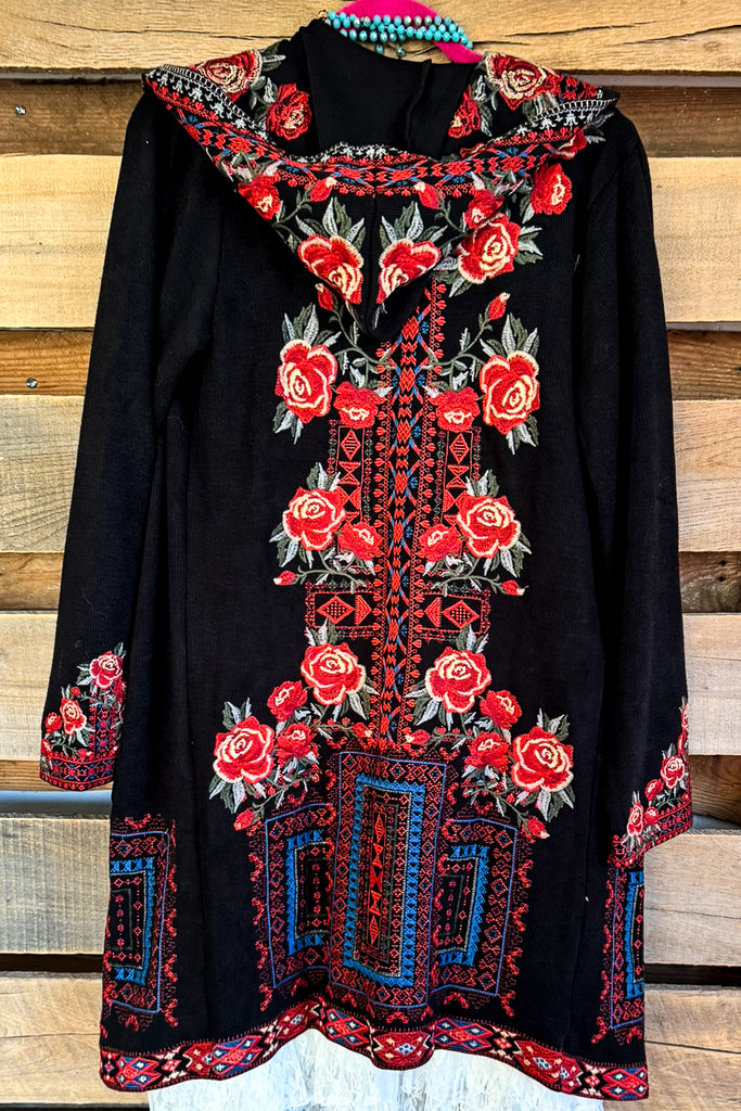 Courts Of Roses Fully Embroidered Hooded Duster  - Black