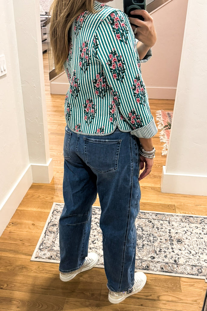 Reversible Floral Quilted Jacket -Blue Green -100% Cotton (Size 6 to 12)