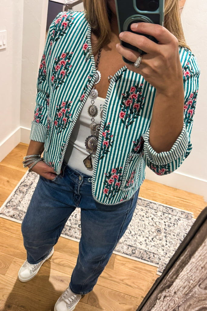 Reversible Floral Quilted Jacket -Blue Green -100% Cotton (Size 6 to 12)