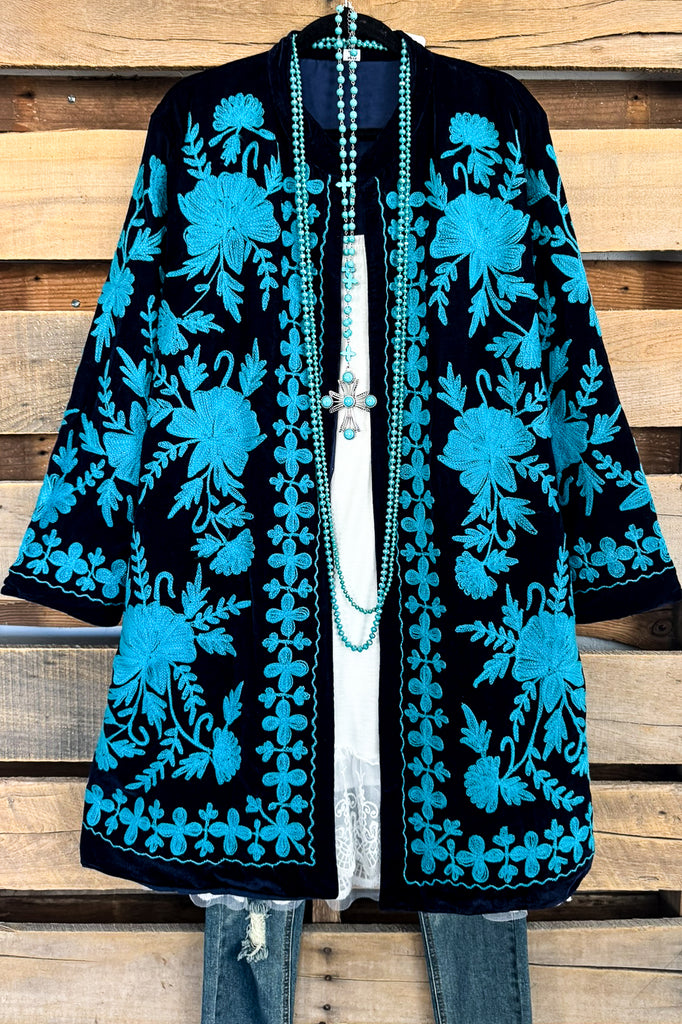 Blue Suede Embroidery Thoughts Velvet Jacket - Blue