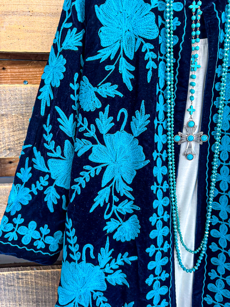 Blue Suede Embroidery Thoughts Velvet Jacket - Blue
