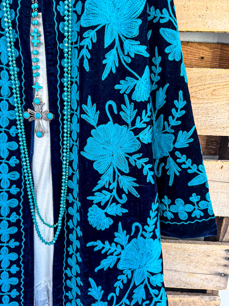 Blue Suede Embroidery Thoughts Velvet Jacket - Blue
