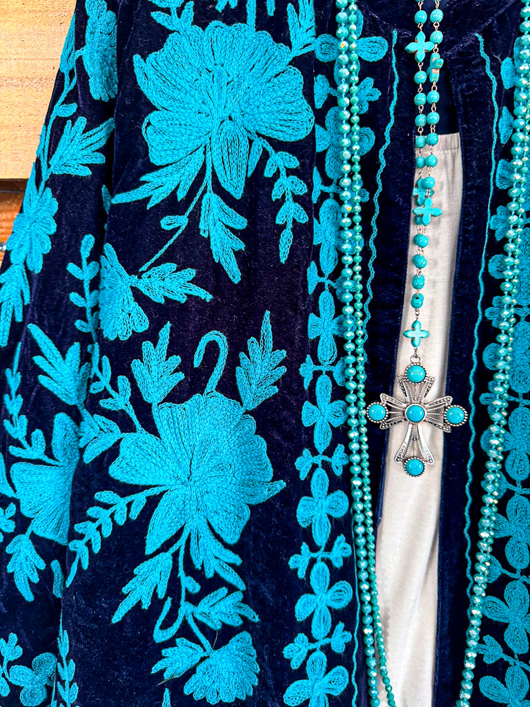 Blue Suede Embroidery Thoughts Velvet Jacket - Blue