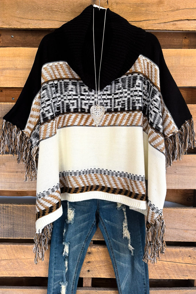 For The Fun Of It Sweater Poncho - Black/Camel/Ivory