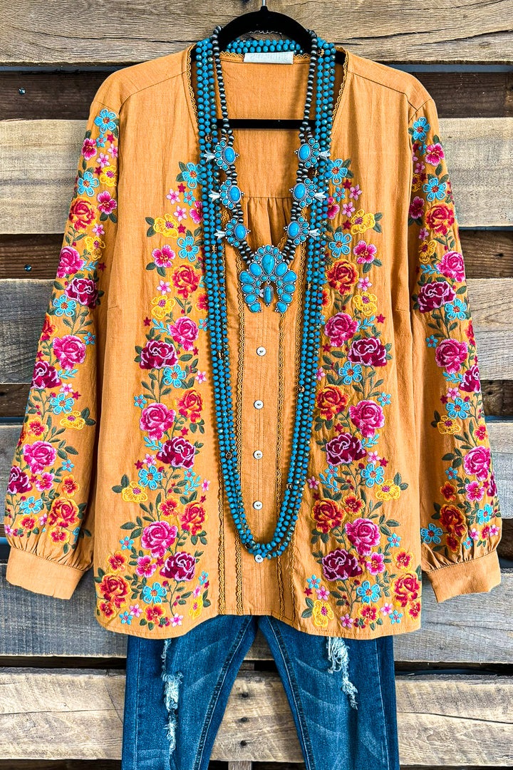 AHB EXCLUSIVE: Dearly Loved Embroidery Top - Mustard - 100% COTTON - SALE