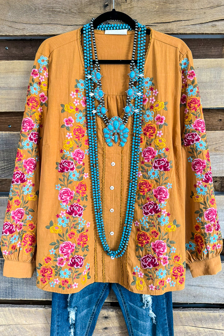 AHB EXCLUSIVE: Dearly Loved Embroidery Top - Mustard - 100% COTTON - SALE