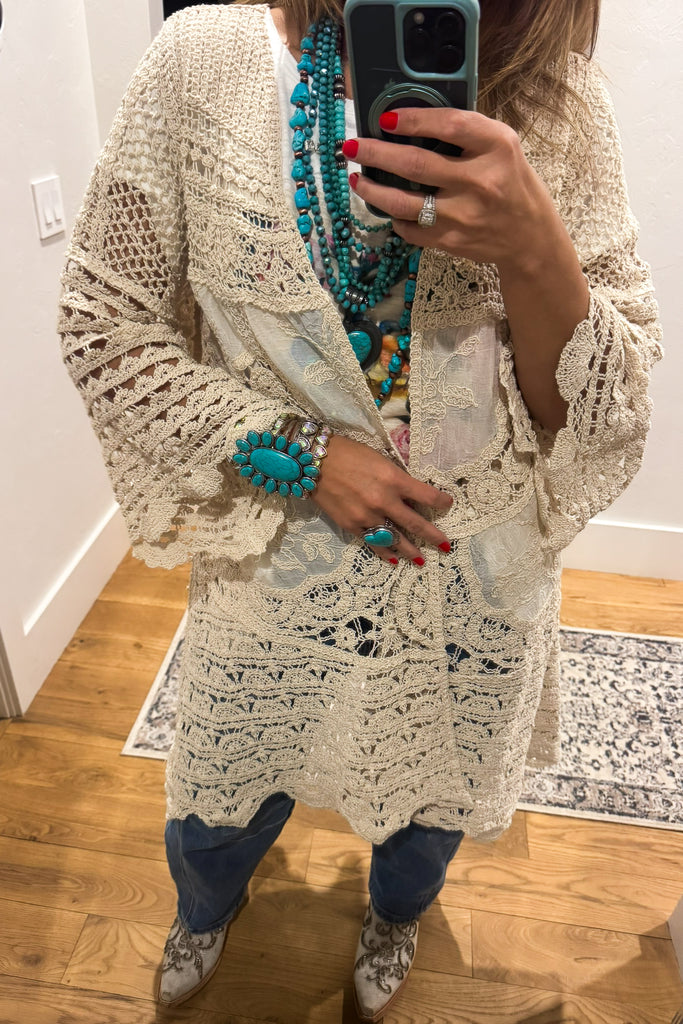 Gracefully Polished Crochet Cardigan - Natural - COTTON BLEND