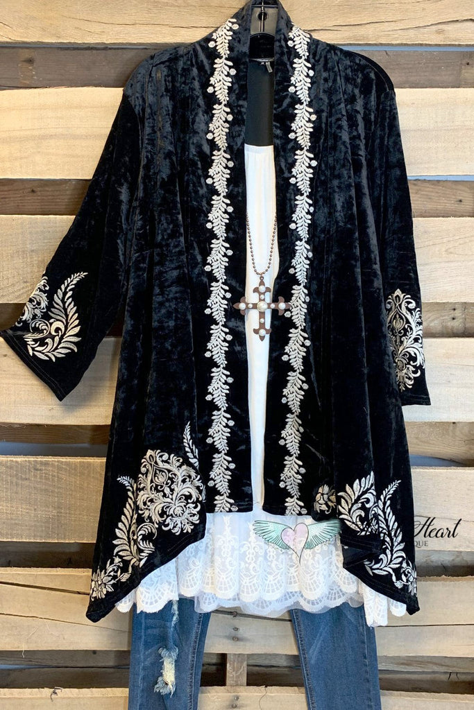 AHB EXCLUSIVE: Crushed Velvet Embroidered Cardigan - Black