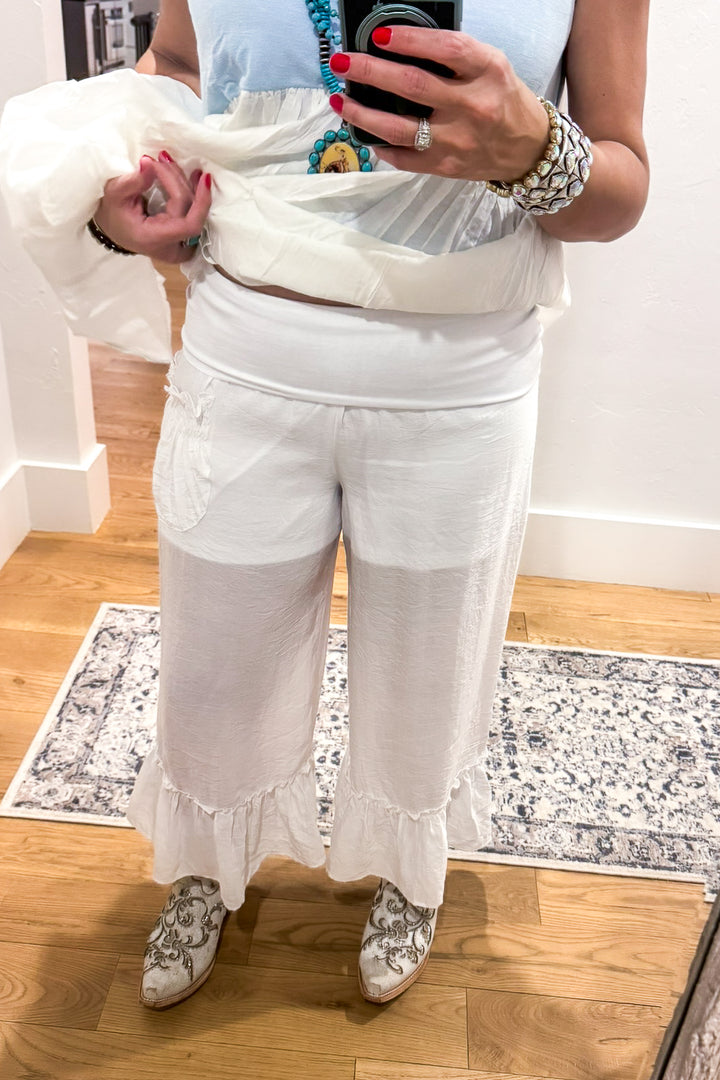 Ruffled Comfort Capris - White