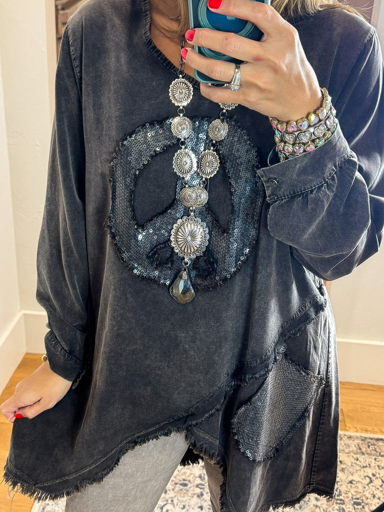 Made in Italy Sequin Peace Patch Cotton Tunic – Washed Charcoal