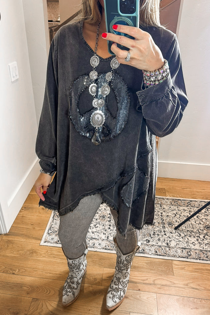Made in Italy Sequin Peace Patch Cotton Tunic – Washed Charcoal