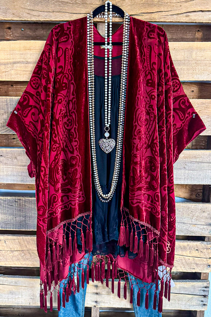 Wrapped In Greatness Oversized Burnout Velvet Kimono - Burgundy