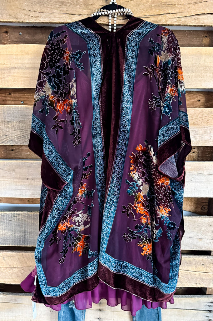 Follow My Heart Burnout Velvet Kimono - Burgundy Flower