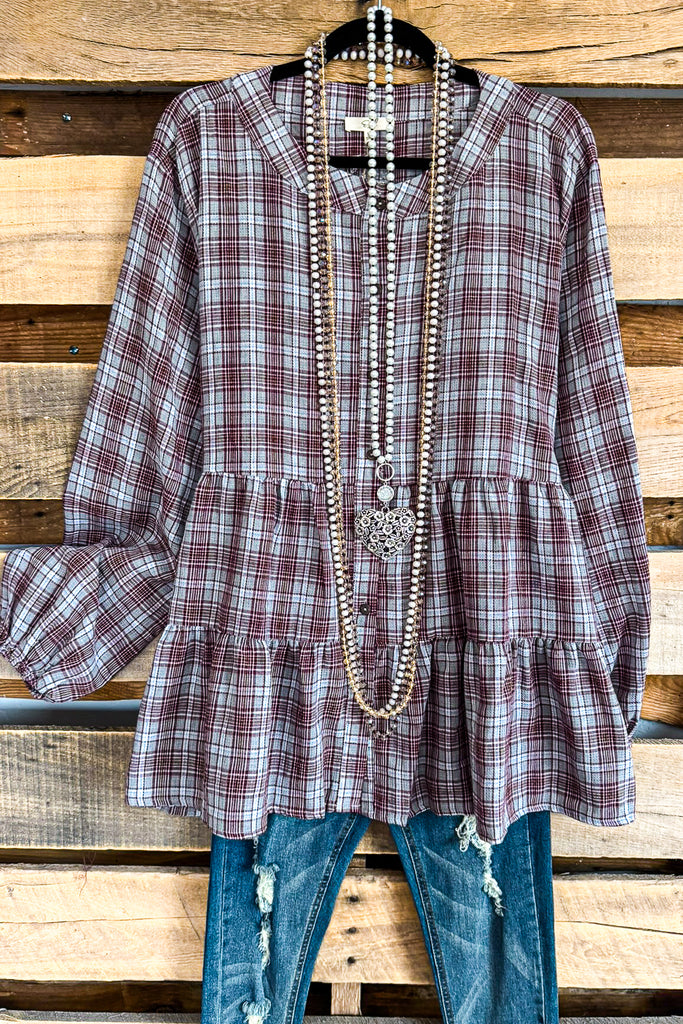 Much To Do Plaid Blouse - Wine - 100% COTTON