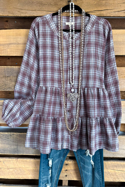 Much To Do Plaid Blouse - Wine - 100% COTTON - SALE