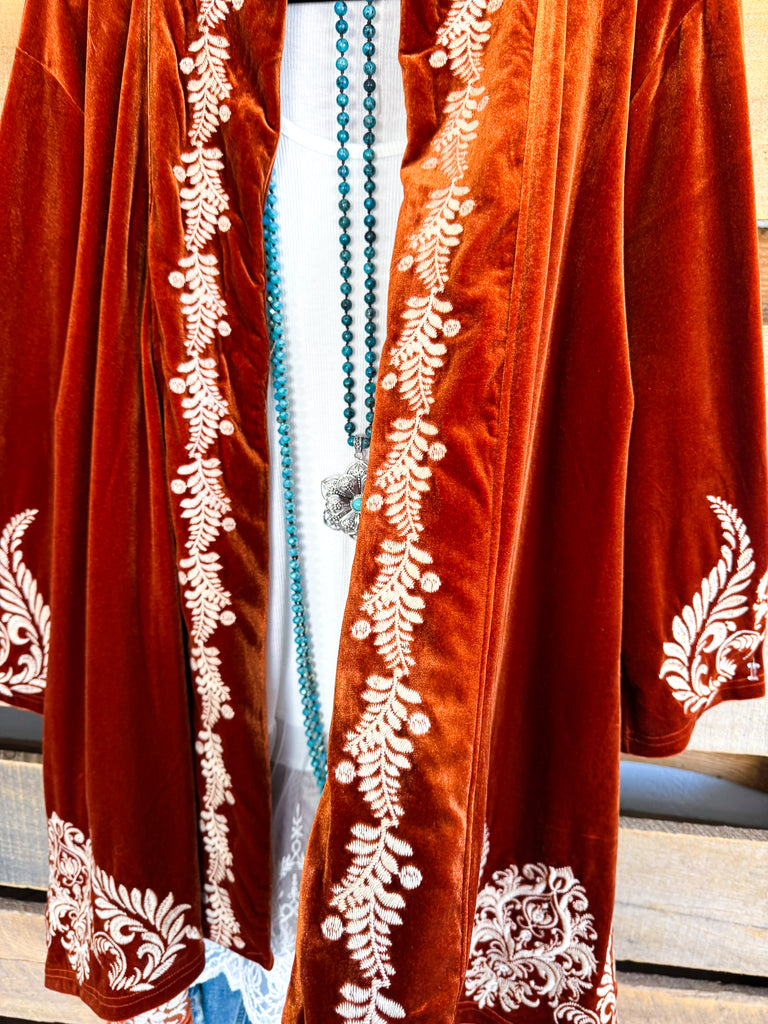 AHB EXCLUSIVE: Crushed Velvet Embroidered Cardigan - Rust