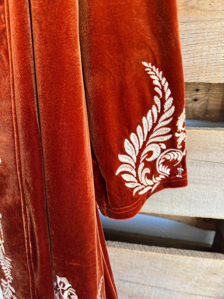 AHB EXCLUSIVE: Crushed Velvet Embroidered Cardigan - Rust