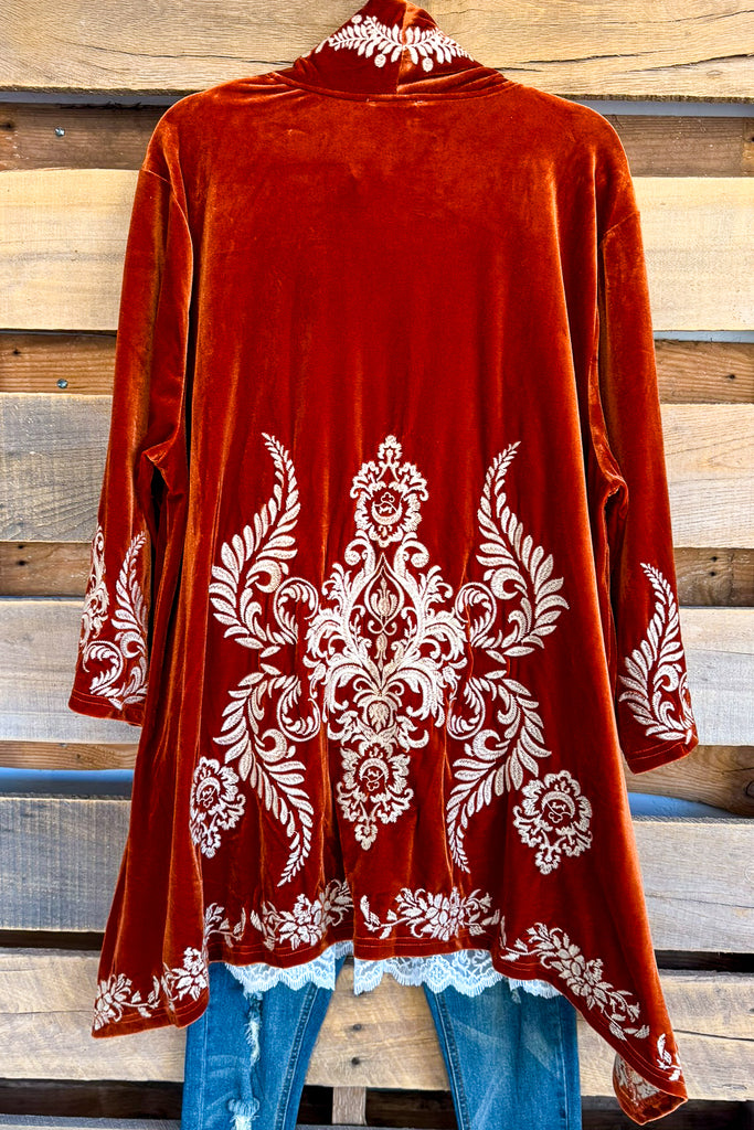 AHB EXCLUSIVE: Crushed Velvet Embroidered Cardigan - Rust