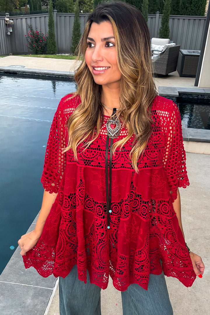 AHB EXCLUSIVE: Delightful Details Cotton Top - Red- 100% COTTON