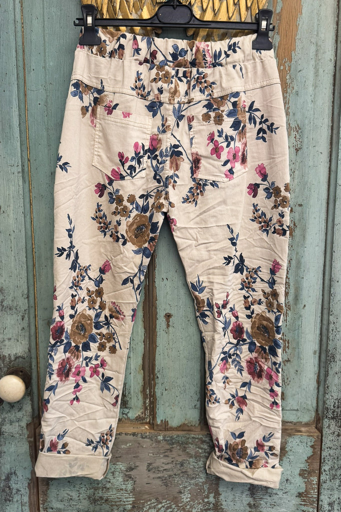 Made in Italy Scrunchy Stretch Floral Jogger Pants – Ultra Comfortable One Size (Size 6 to 12) - Floral Taupe