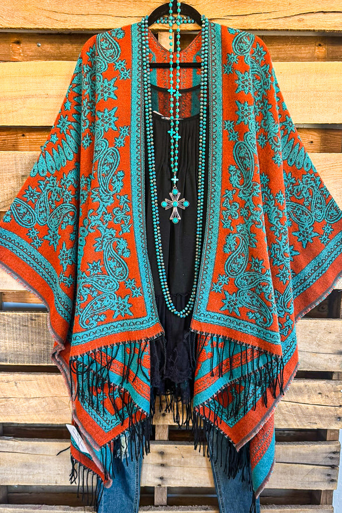 Trusting The Details Poncho - Orange/Turquoise