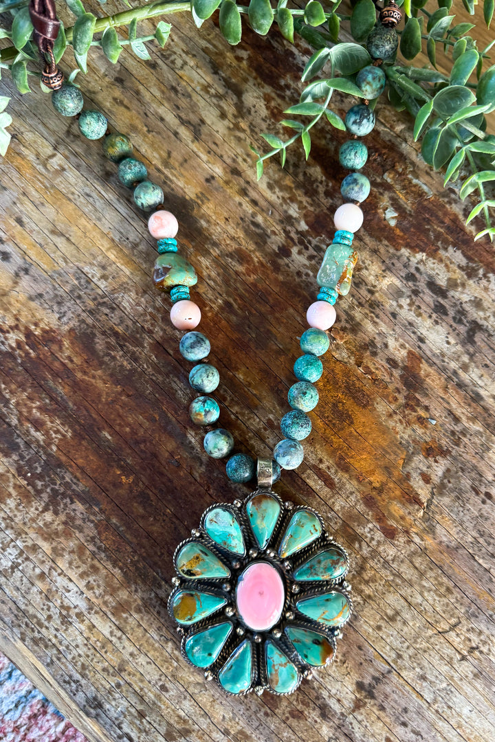 One of a Kind Genuine Green Turquoise &amp; Pink Opal Necklace