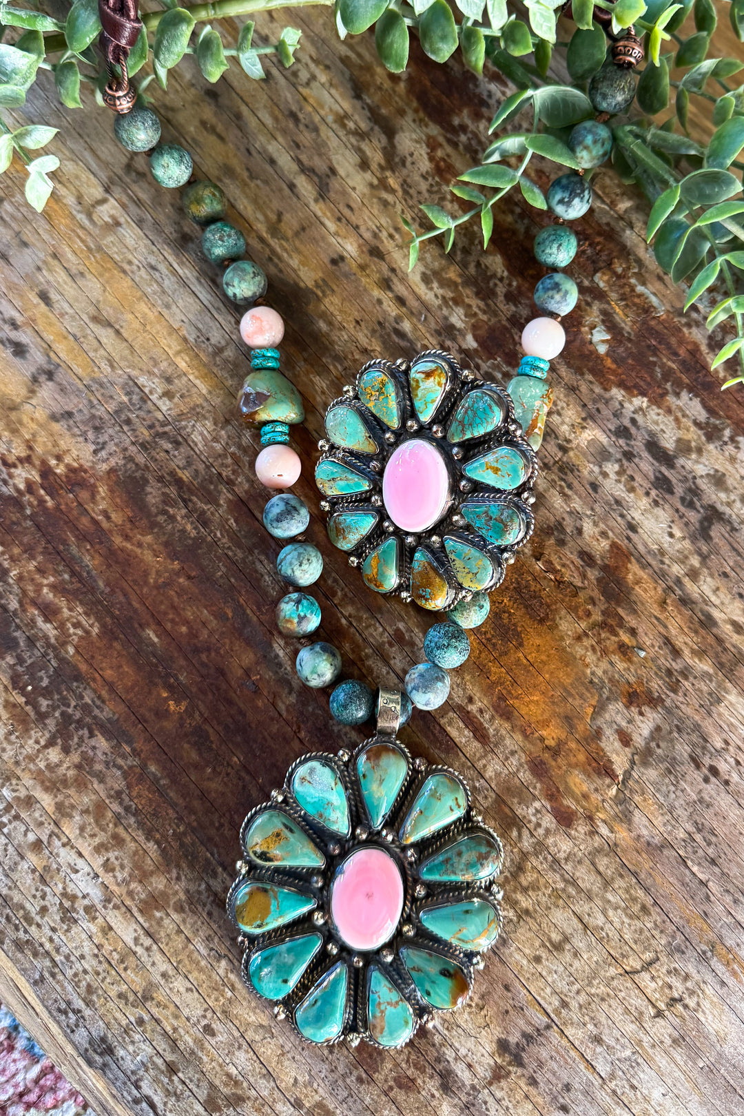 One of a Kind Genuine Green Turquoise &amp; Pink Opal Necklace