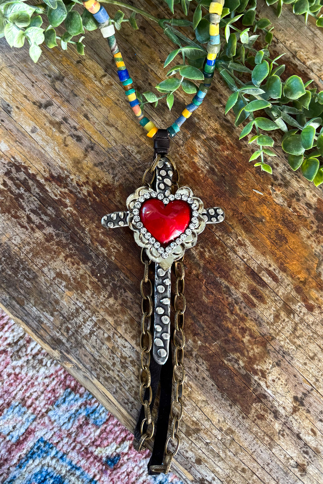 HANDMADE Jaded Gypsy Long Necklace - Cross Red Heart