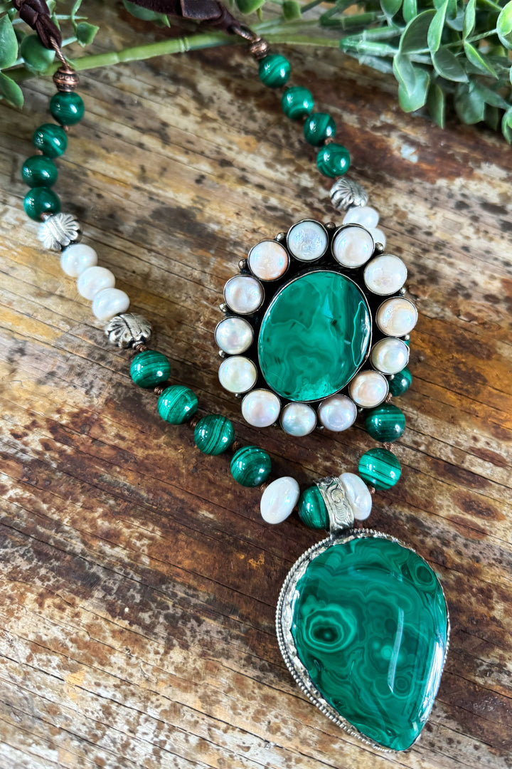 Handmade in Texas Malachite Gemstone and Freshwater Pearl