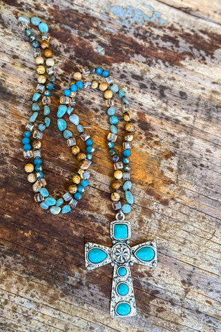 Long Beaded Necklace - Iridescent Blue