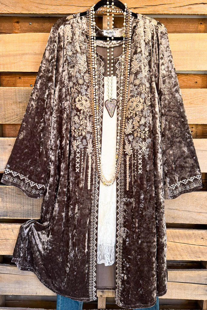 AHB EXCLUSIVE: Long Velvet Embroidery Cardigan - Bronze