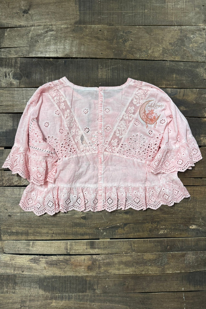 Softly Worn Eyelet Top -100% Cotton - Reversible - Pink