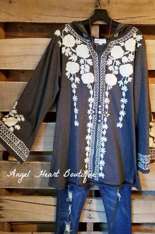 My Embroidery Hoodie Top - Gray [product type] - Angel Heart Boutique