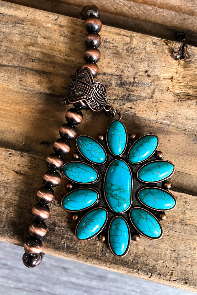 Stunning Copper Flower Necklace - Turquoise