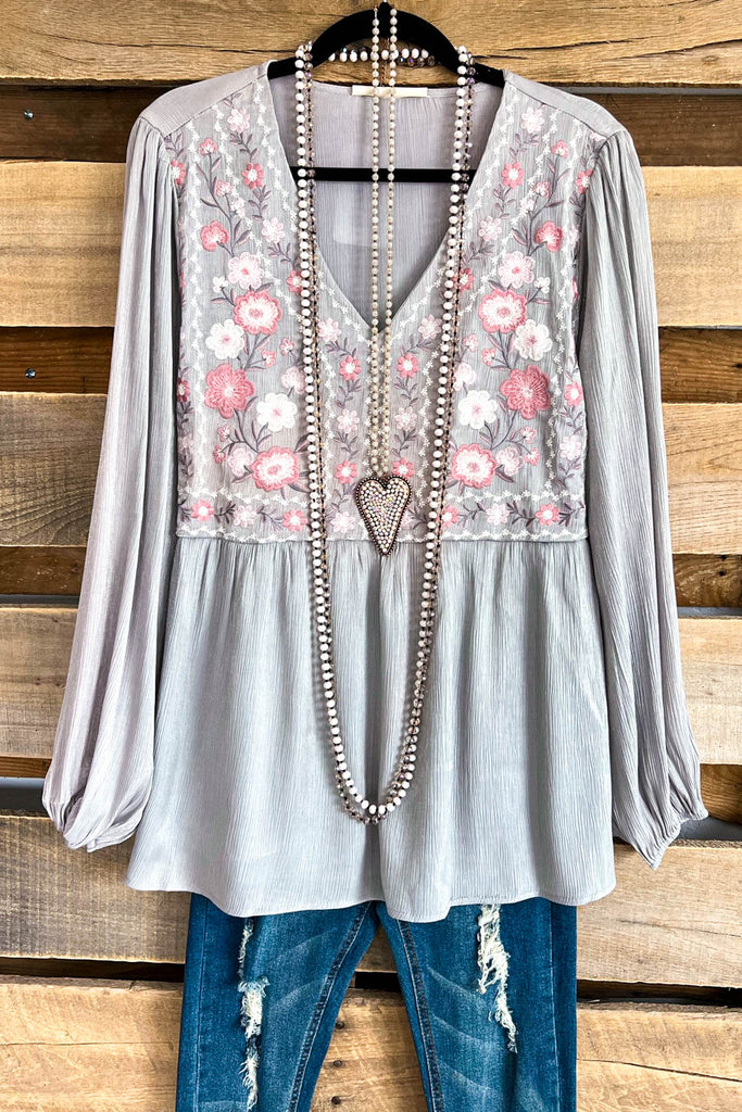 Take A Bow Embroidery Top  - Lt. Grey