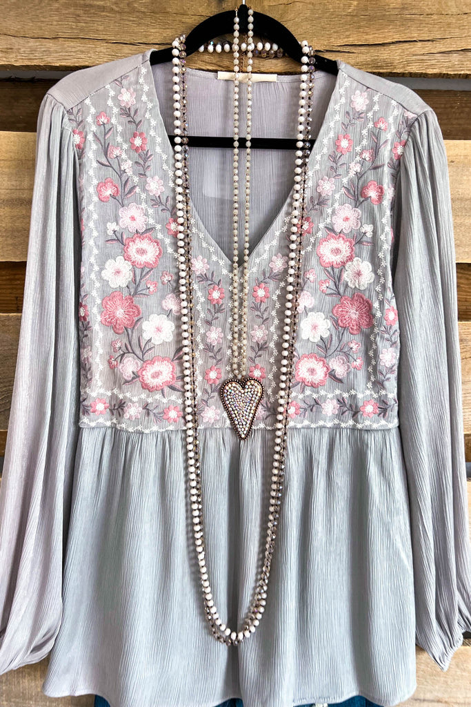Take A Bow Embroidery Top  - Lt. Grey