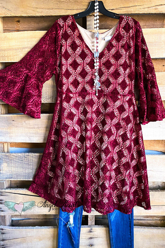 Crackling Fire Velvet Lace Dress - Wine - SALE