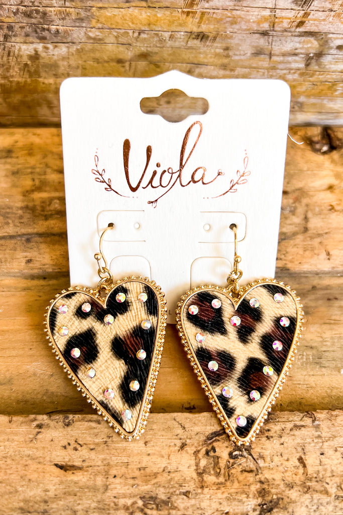 Leopard Heart Rhinestone Dangle Earnings